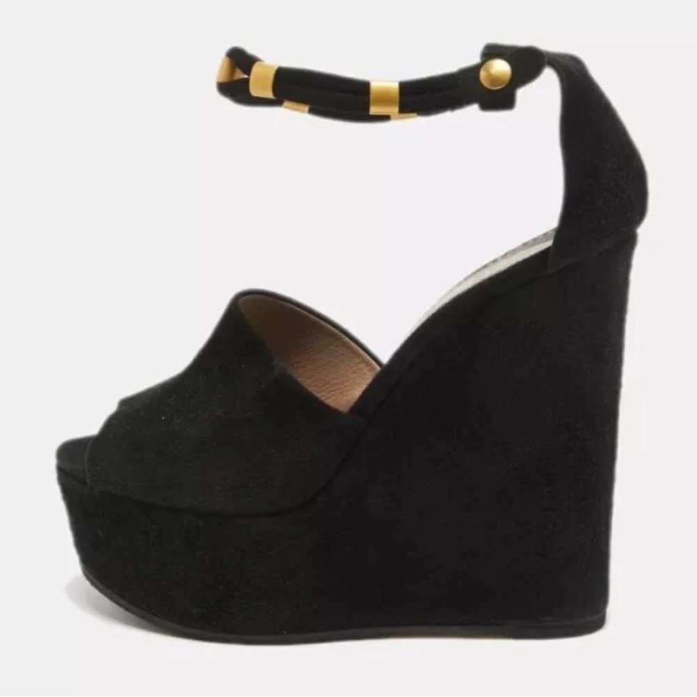 Chloe Black Suede Platform Wedge Sandals with Gold Accent